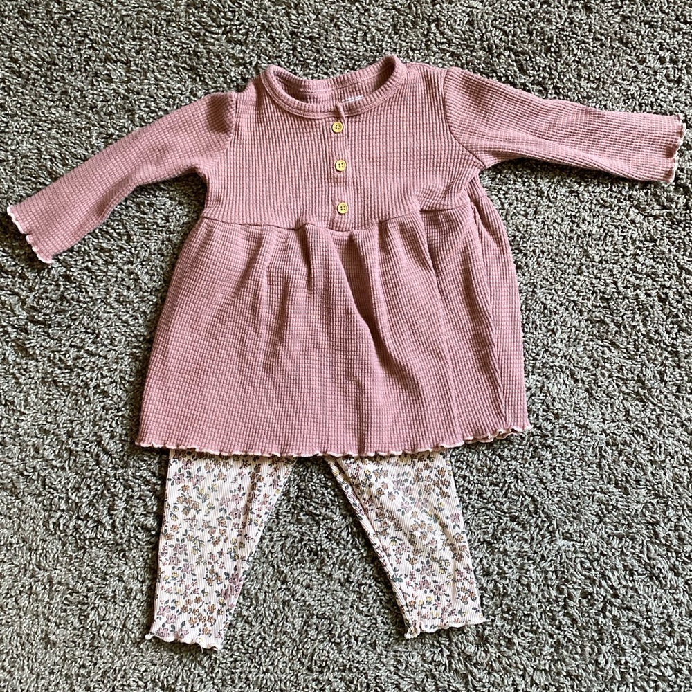 Pink Long Sleeve Dress with Floral Leggings